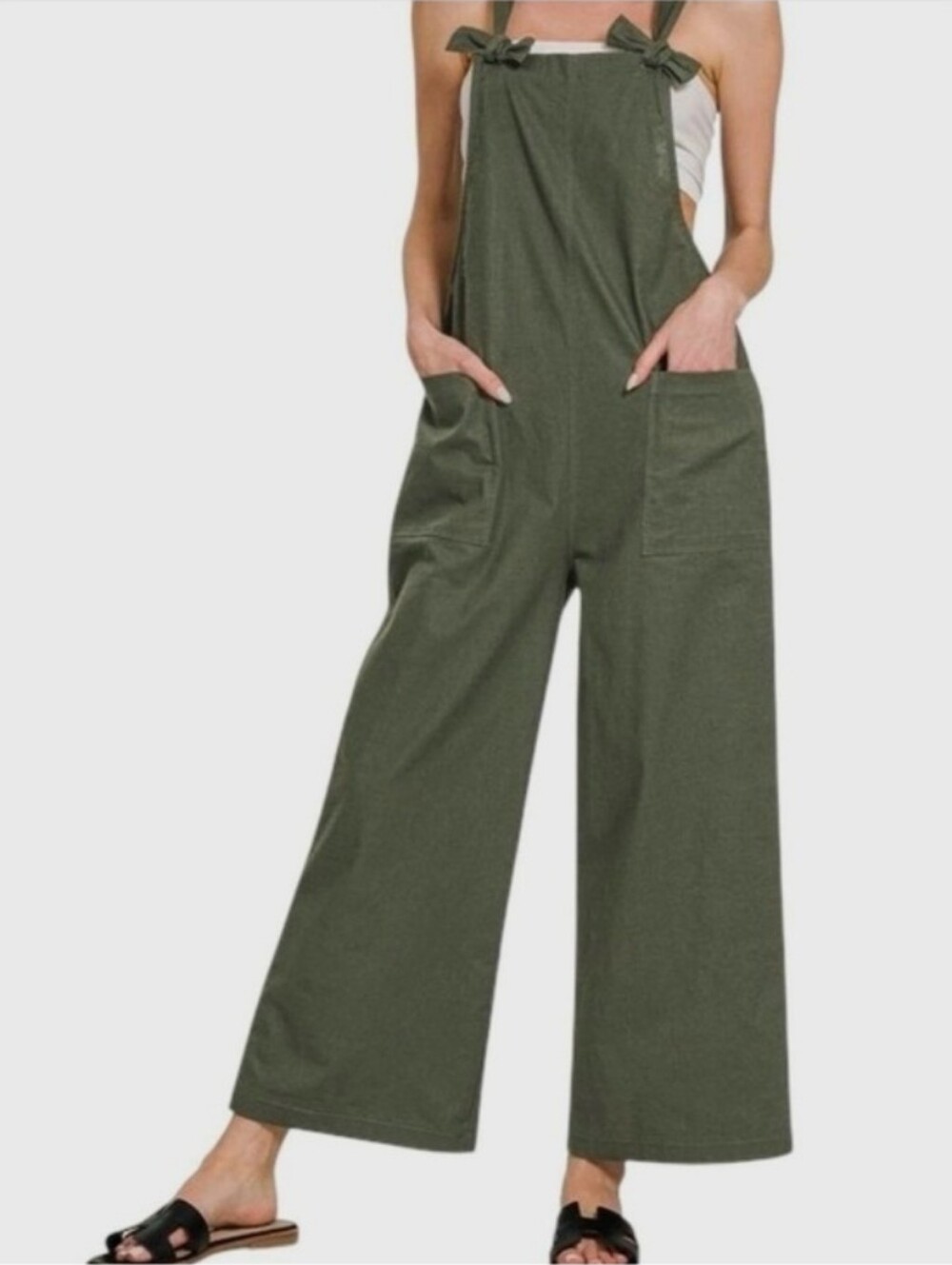New Dark Olive Knotted Wide Leg Stretch Cotton Overall Jumpsuit